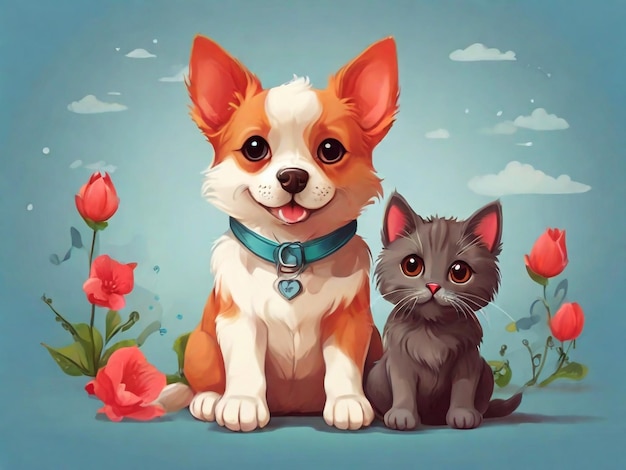 uma pintura de um cachorro e um gato com uma etiqueta azul que diz "o cachorro está ao lado dele"