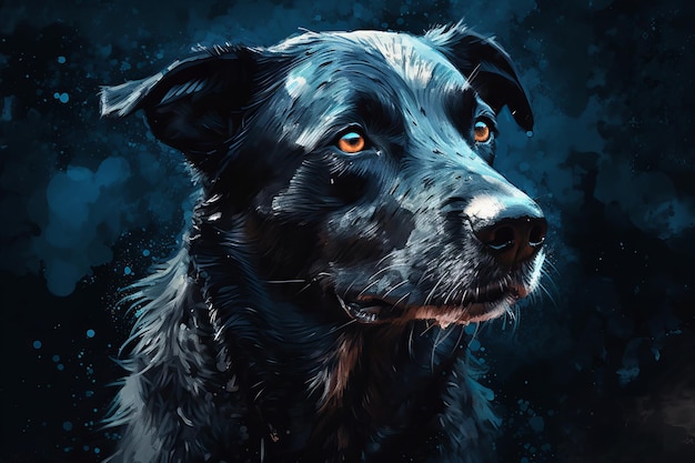 Uma pintura de um cachorro preto com fundo azul.