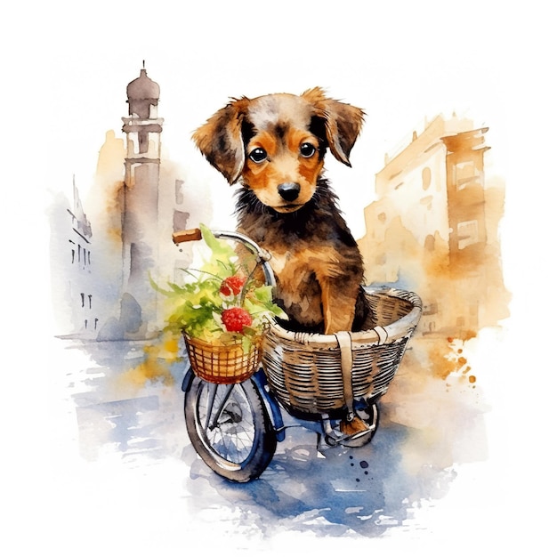 Uma pintura de um cachorro sentado em uma cesta em uma bicicleta Imagem generativa de IA