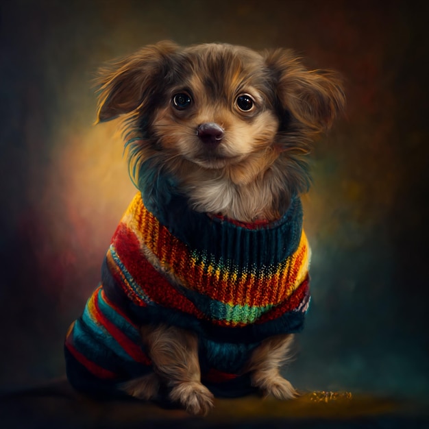 Uma pintura de um cachorro vestindo um suéter colorido que diz "eu amo cachorros".