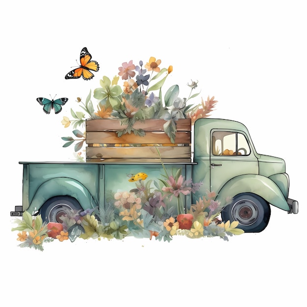 Uma pintura de um caminhão verde com uma borboleta na parte de trás.