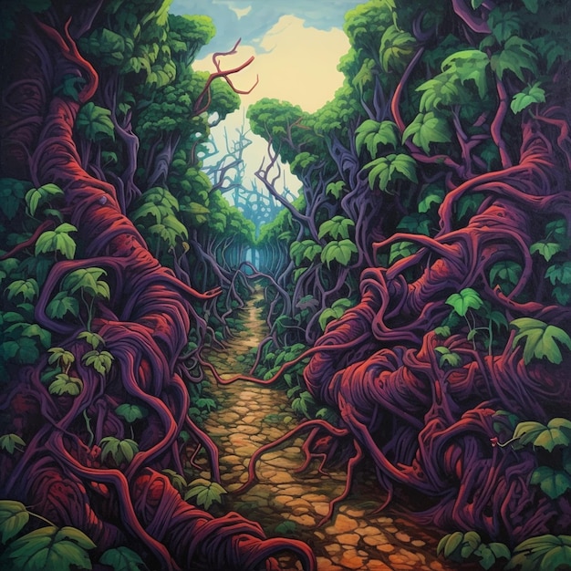 Uma pintura de um caminho através da floresta com trepadeiras crescendo nele.