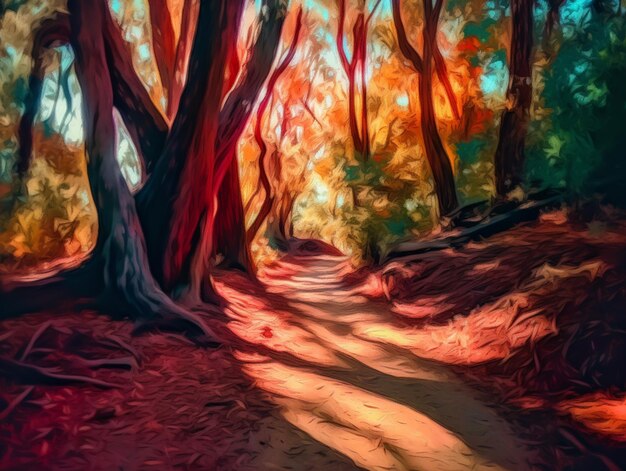 Uma pintura de um caminho através de uma floresta com árvores vermelhas e o sol brilhando sobre ela.