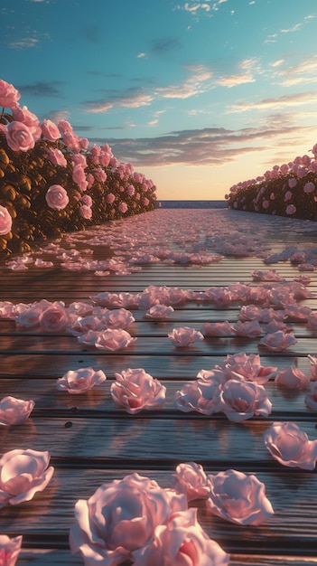 Uma pintura de um caminho com flores