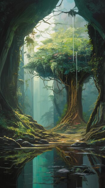 Uma pintura de um caminho em uma floresta com uma árvore no fundo.