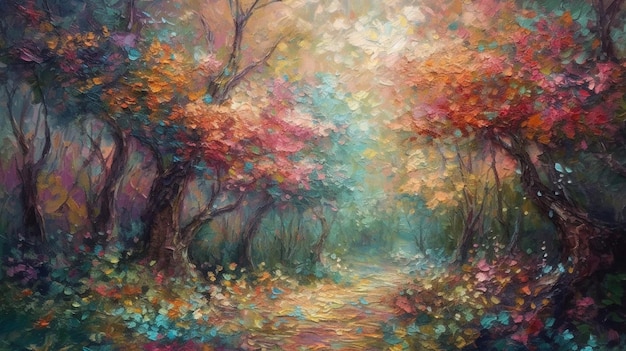 Uma pintura de um caminho na floresta com flores e árvores coloridas.