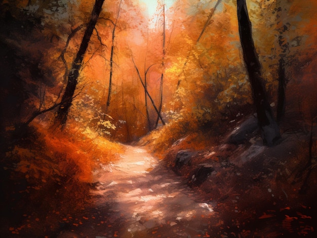Uma pintura de um caminho na floresta com o sol brilhando sobre ele.