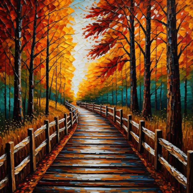 Foto uma pintura de um caminho na floresta com um caminho que passa por ele.
