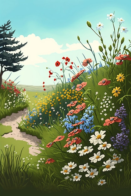 Uma pintura de um caminho que leva a um campo de flores.