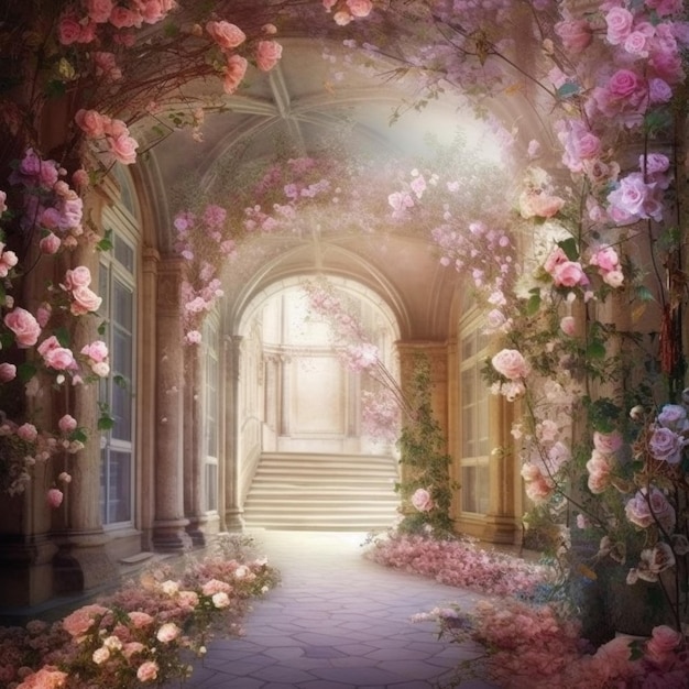 Uma pintura de um caminho que leva a uma escada com rosas.
