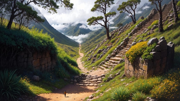 Uma pintura de um caminho que leva a uma montanha