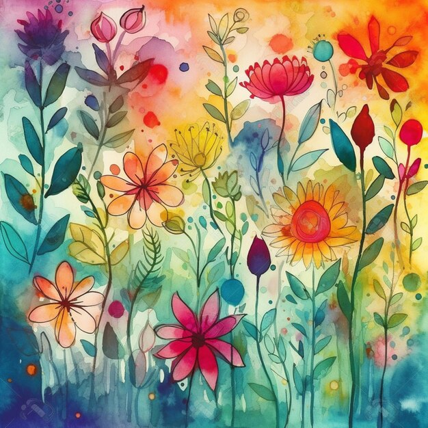 Uma pintura de um campo colorido de flores com um fundo de céu generativo ai