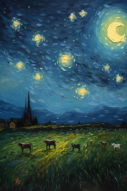 Foto uma pintura de um campo com animais e a lua no céu