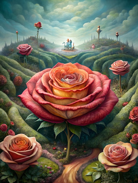 uma pintura de um campo com rosas