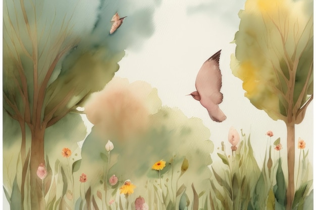 Uma pintura de um campo com um morcego voando sobre ele.