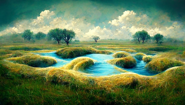 Uma pintura de um campo com um rio azul no meio.