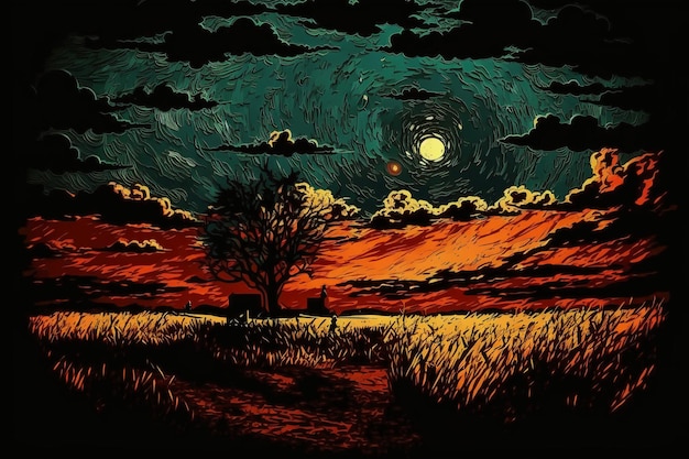 Uma pintura de um campo com uma árvore e a lua