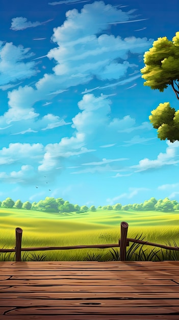 Uma pintura de um campo com uma cerca e uma árvore.