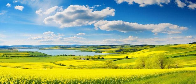 Foto uma pintura de um campo de flores amarelas com um lago no fundo