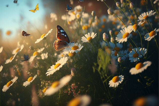 Uma pintura de um campo de flores com borboletas nele