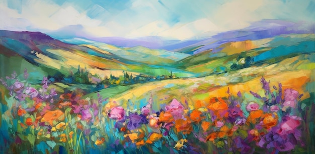 Uma pintura de um campo de flores com montanhas ao fundo.