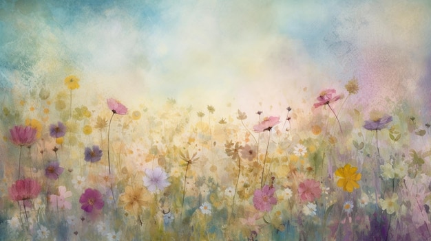Uma pintura de um campo de flores com um céu azul ao fundo.