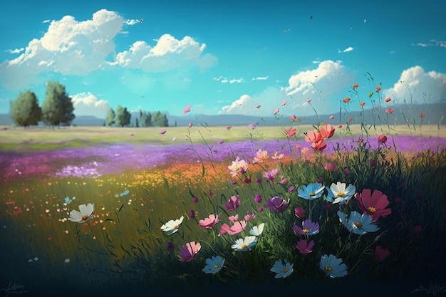 Uma pintura de um campo de flores com um céu azul e árvores ao fundo.