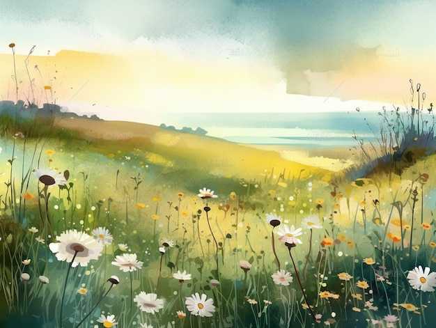 Uma pintura de um campo de flores com um pôr do sol ao fundo.