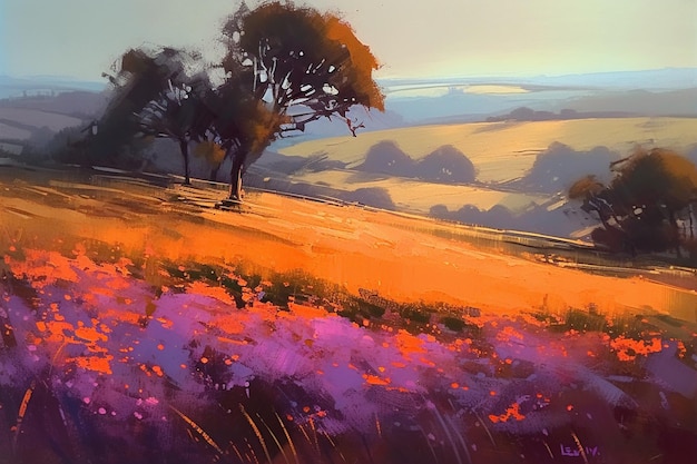 Uma pintura de um campo de flores com um pôr do sol ao fundo.