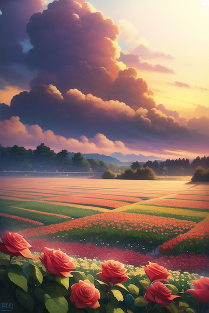 Uma pintura de um campo de flores com um pôr do sol ao fundo.