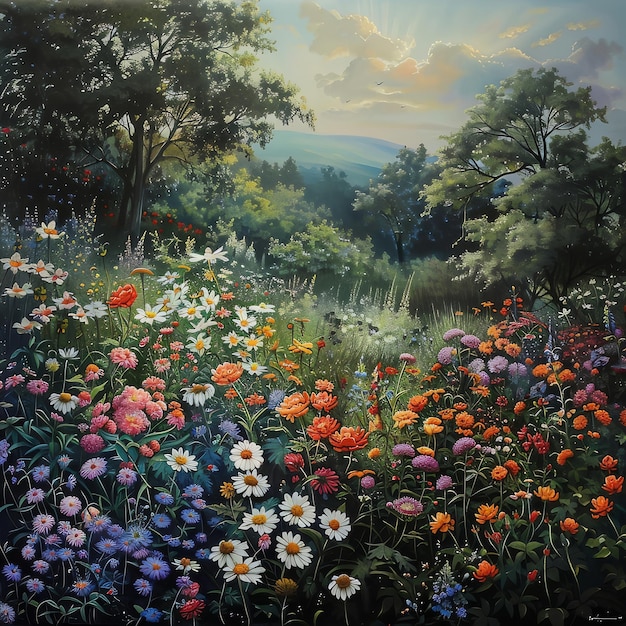 uma pintura de um campo de flores com um pôr-do-sol no fundo