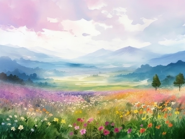 Uma pintura de um campo de flores com uma montanha ao fundo.