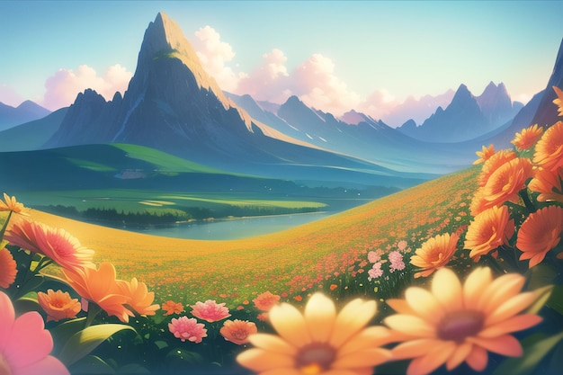 Uma pintura de um campo de flores com uma montanha ao fundo.