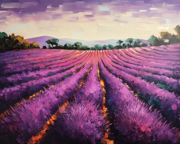 Uma pintura de um campo de lavanda com montanhas ao fundo.