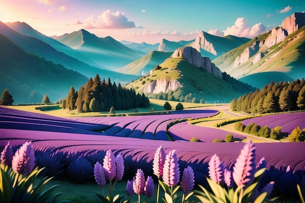 Uma pintura de um campo de lavanda com montanhas ao fundo.
