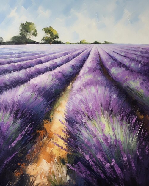 Uma pintura de um campo de lavanda com uma árvore ao fundo.