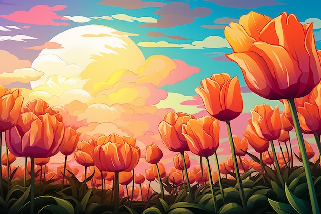 Uma pintura de um campo de tulipas pintura digital