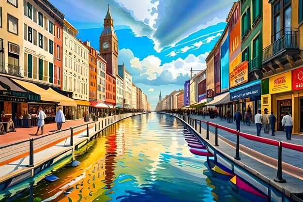 Uma pintura de um canal com uma placa que diz grande canal