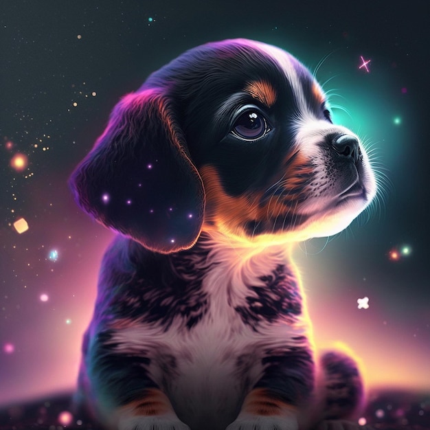 Uma pintura de um cão com as palavras espaço na parte de trás