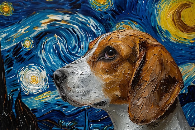 Foto uma pintura de um cão com um céu noturno estrelado ao fundo