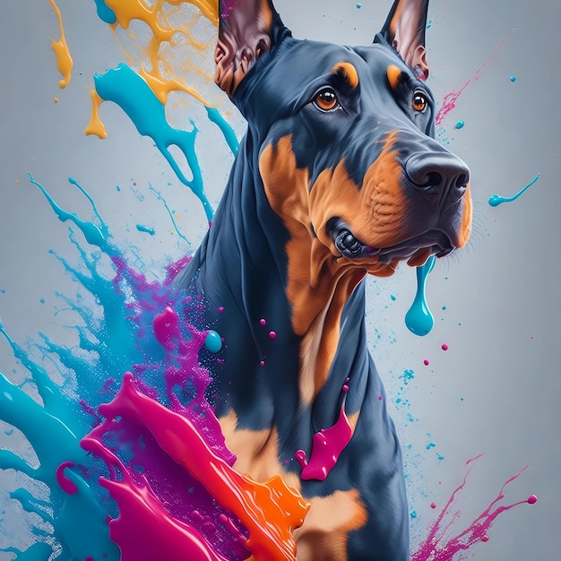 Uma pintura de um cão doberman