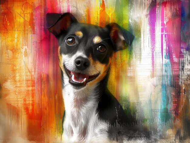 Foto uma pintura de um cão na frente de um fundo colorido