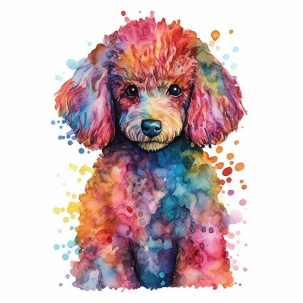 uma pintura de um cão poodle com manchas coloridas sobre ele ai generativo