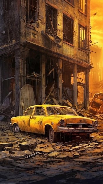 Uma pintura de um carro amarelo em frente a um prédio destruído.