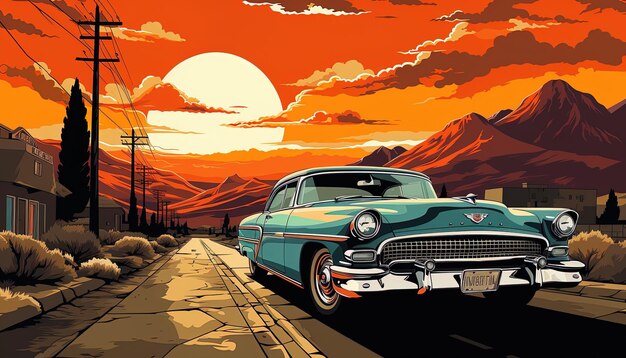 uma pintura de um carro com um pôr-do-sol no fundo