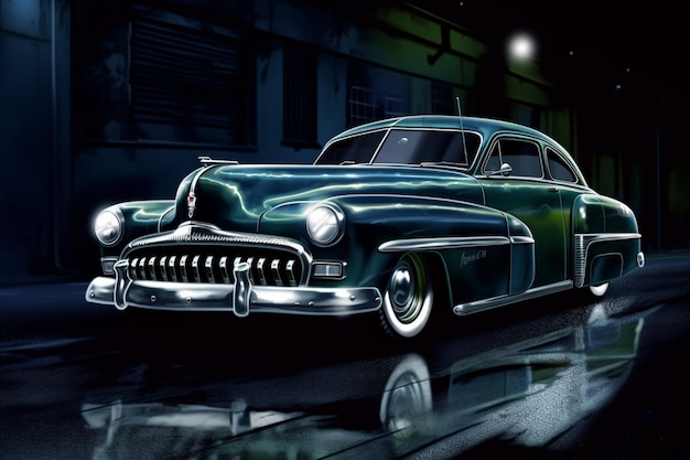 Uma pintura de um carro que diz "cadillac" na frente.