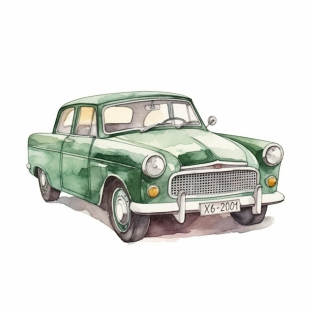 Uma pintura de um carro verde com um fundo branco