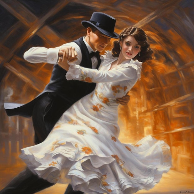 Uma pintura de um casal a dançar com um vestido que diz " o homem está a dançar ".