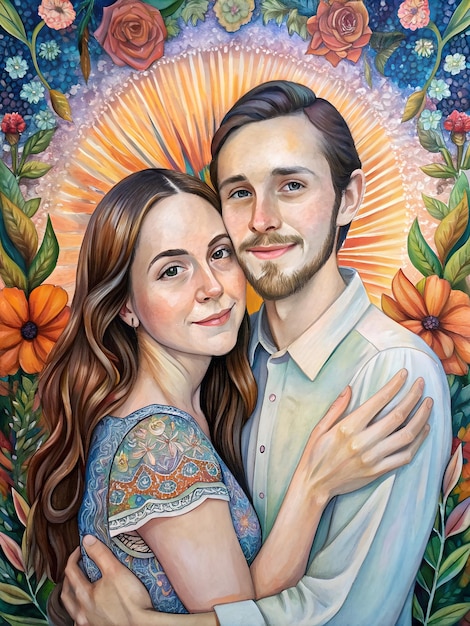 uma pintura de um casal abraçando-se na frente de um fundo de girassol