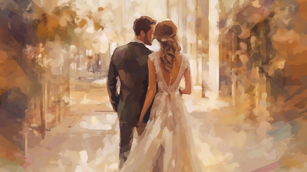 Uma pintura de um casal andando na cidade